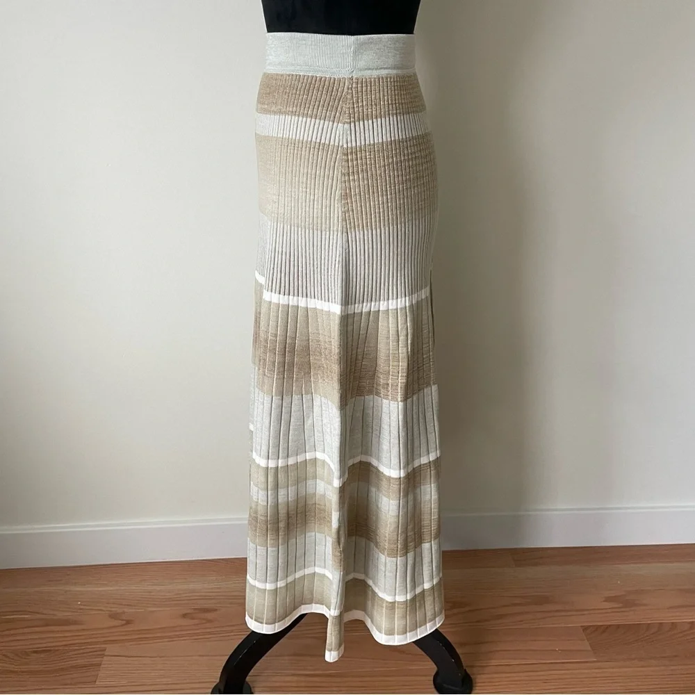 JONATHAN SIMKHAI Neutral Beige Tide Stripe Louise Striped Space Dye Midi Skirt